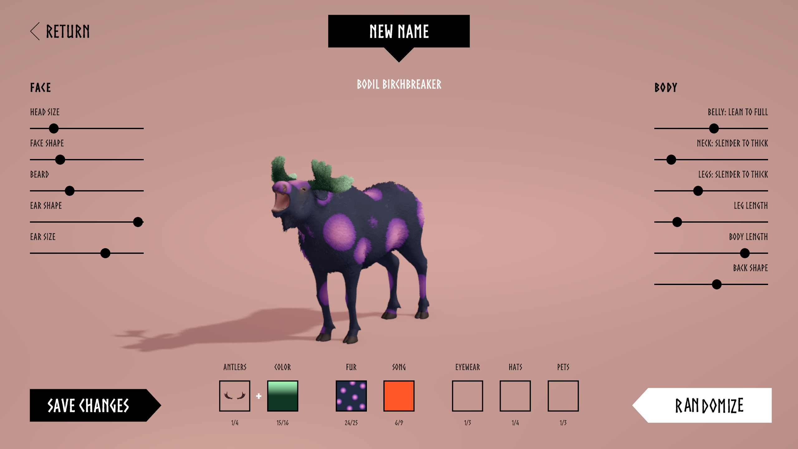 Customizer screen with a dark purple-spotted moose