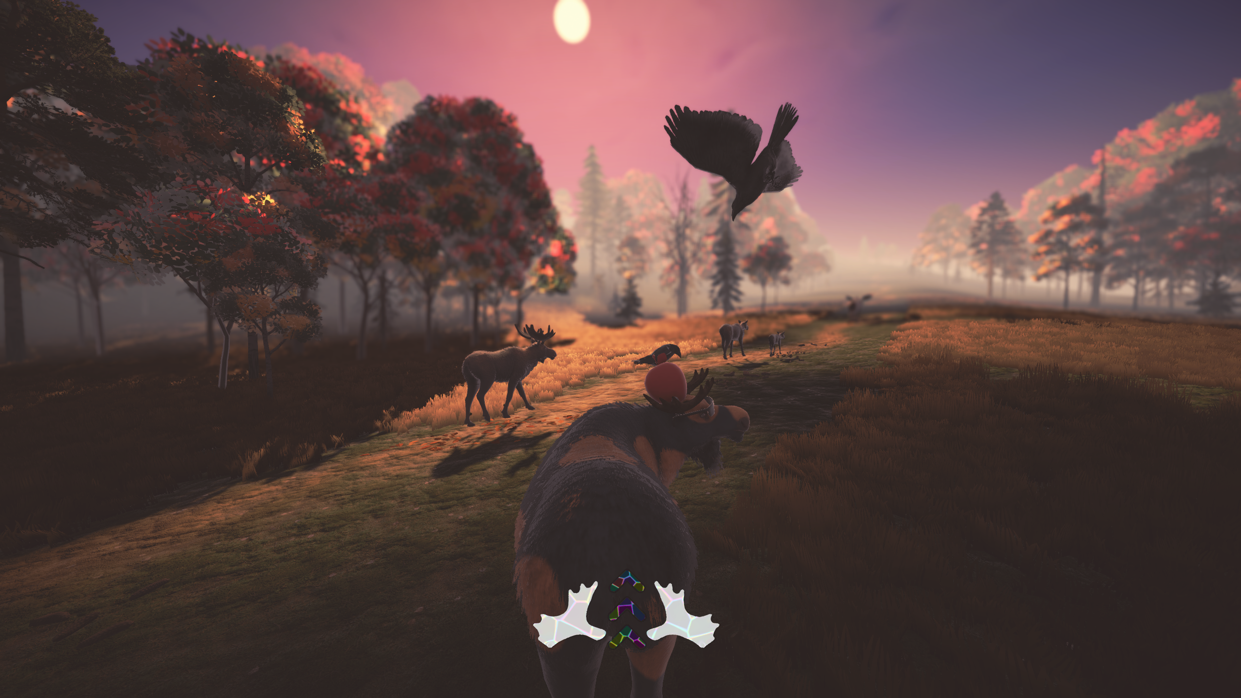 Following the herd down a forest path at dusk with a crow overhead