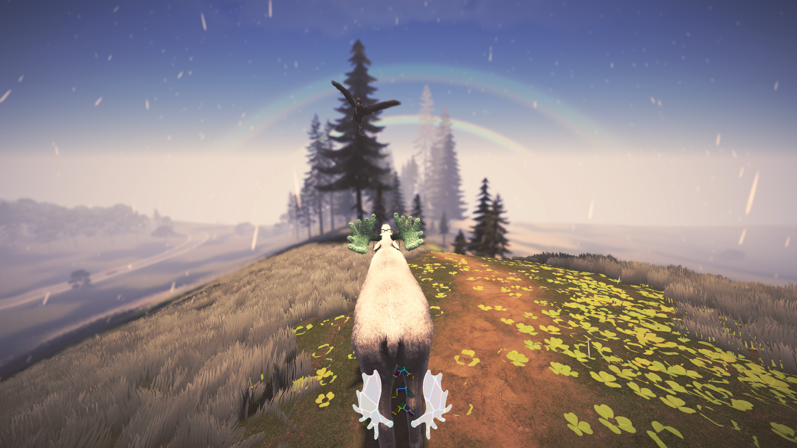 A white moose on a clover hill under a faint rainbow