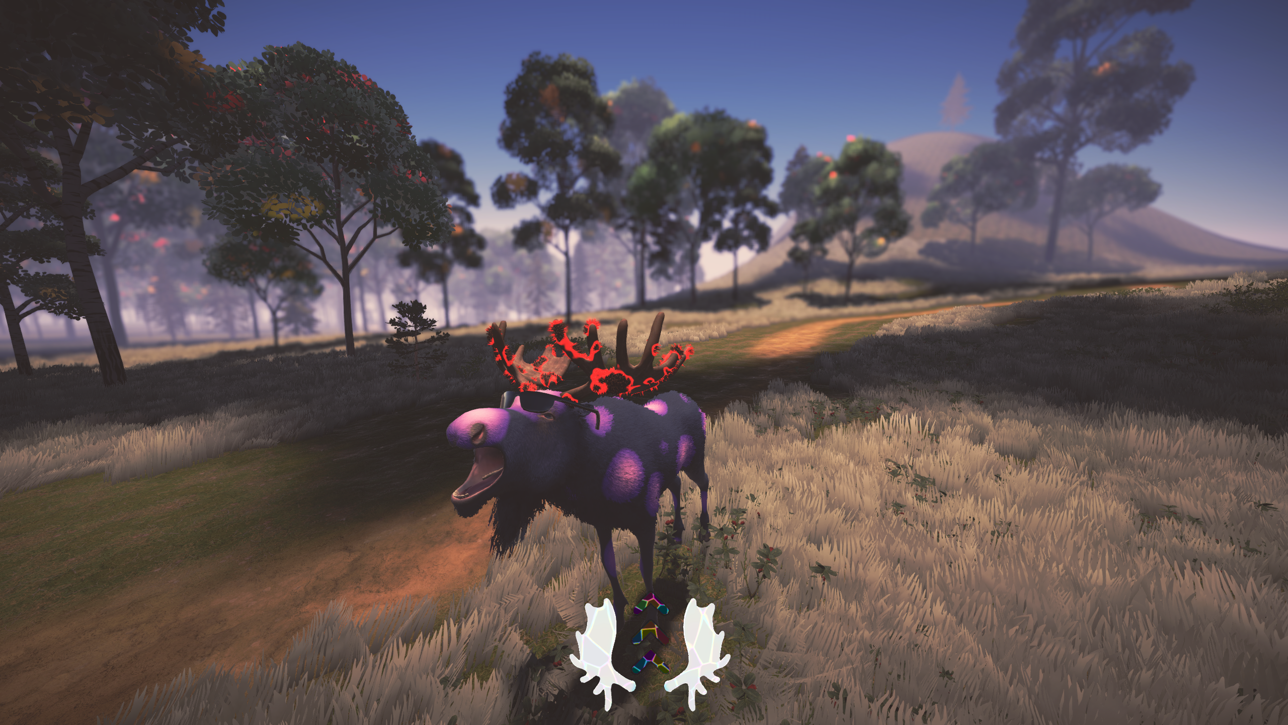 A purple moose in sunglasses shouting in a meadow