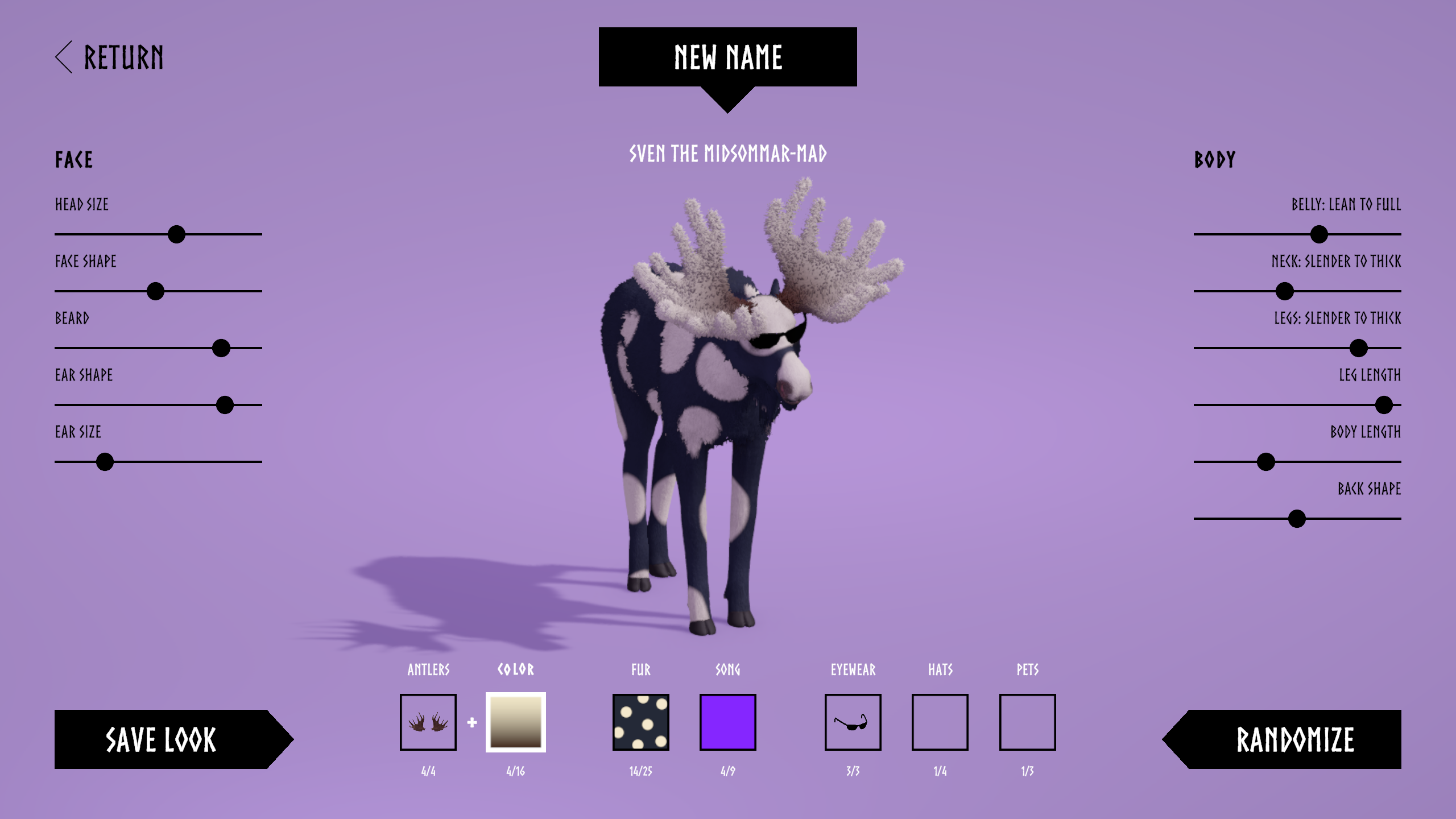 Customizer screen with a spotted moose and huge white antlers