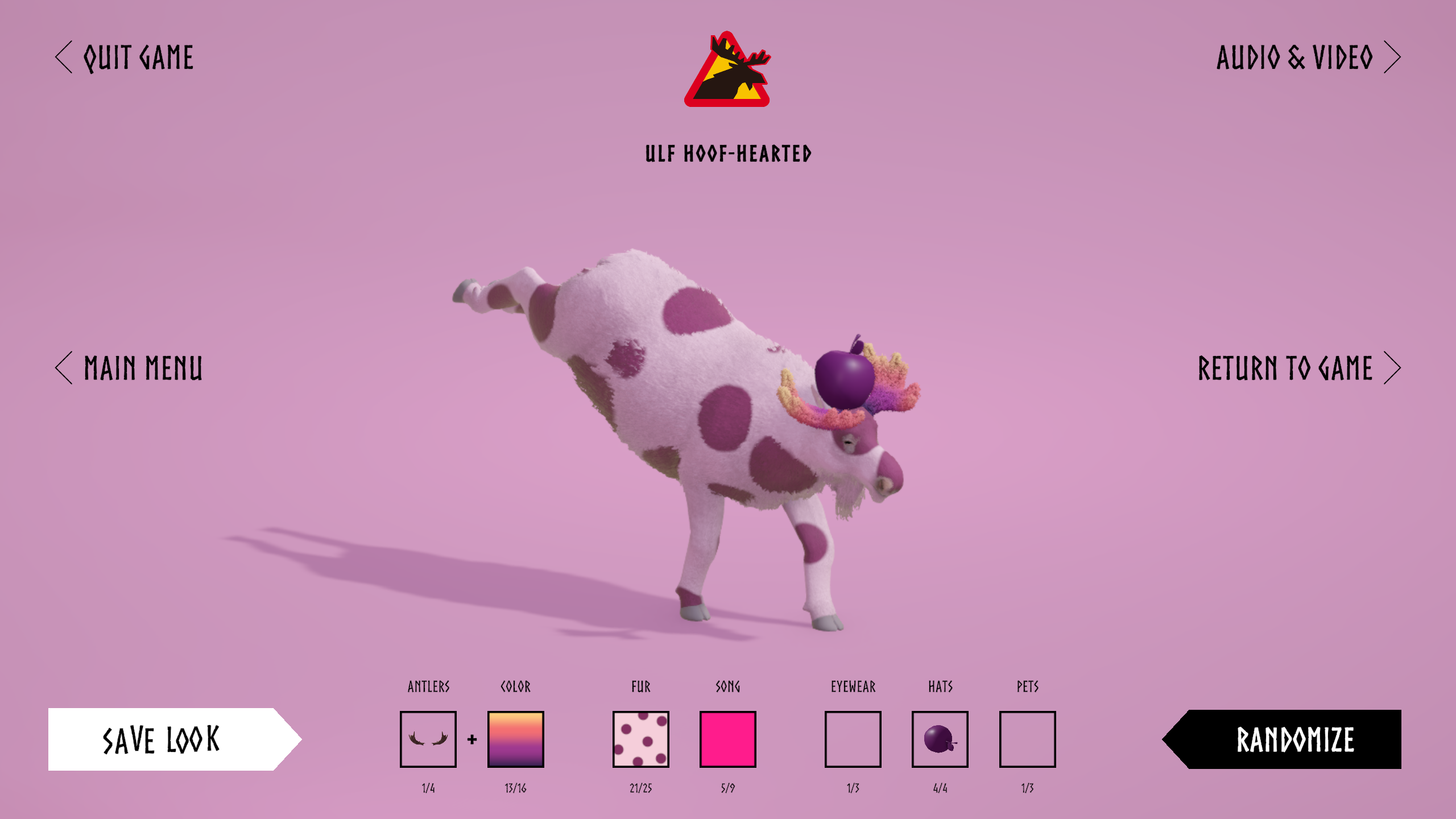 A pink spotted moose kicking its back legs, a plum on its head