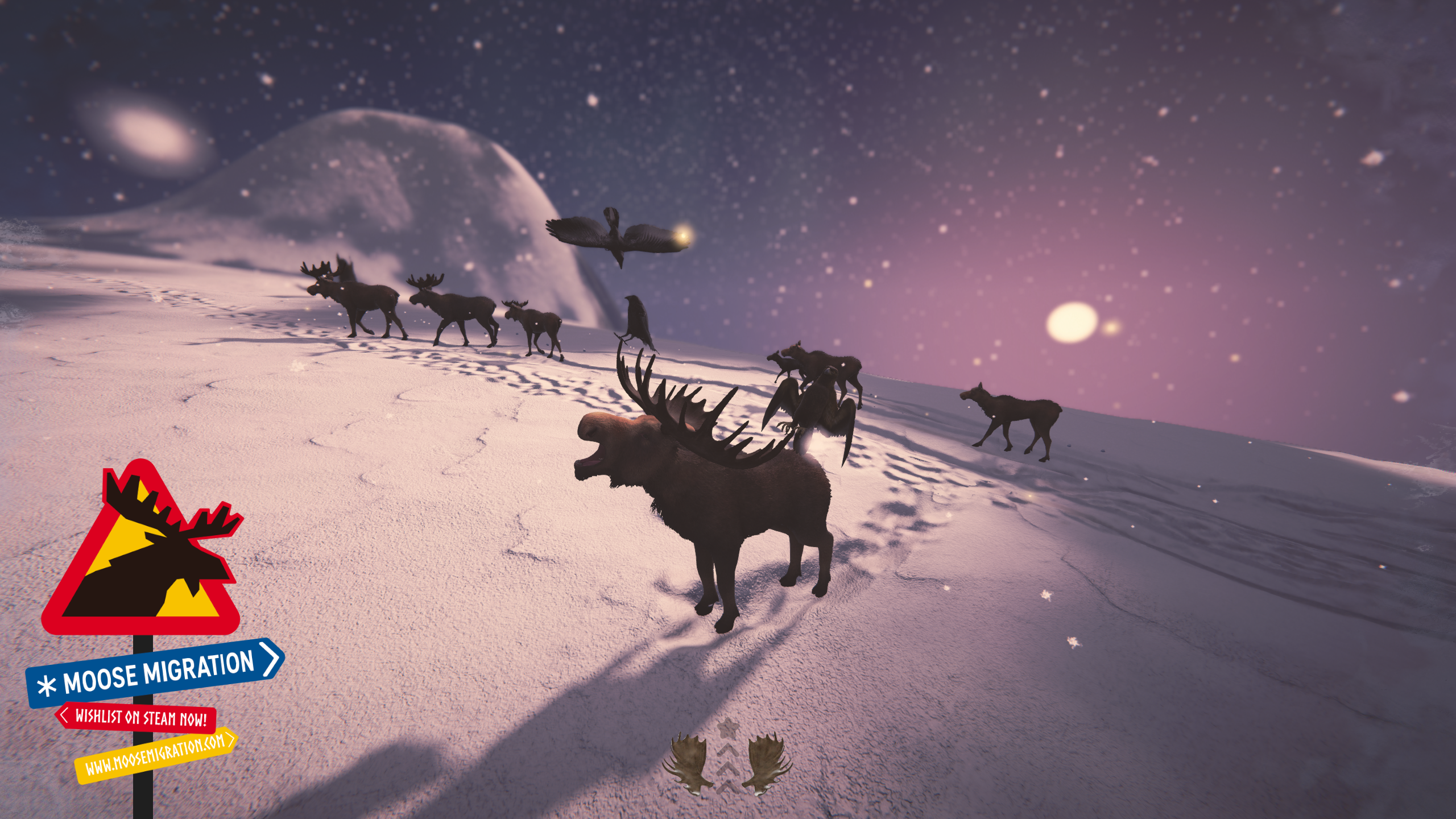 The herd crossing snowfields under a starry winter sky