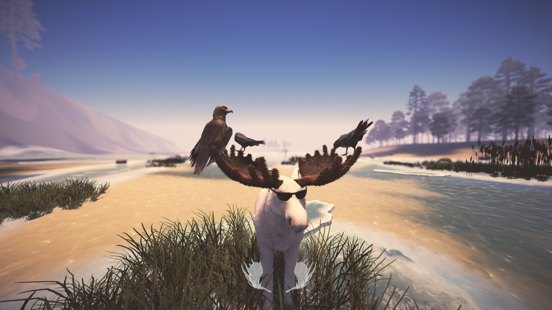 A white moose with an eagle and ravens perched on its antlers