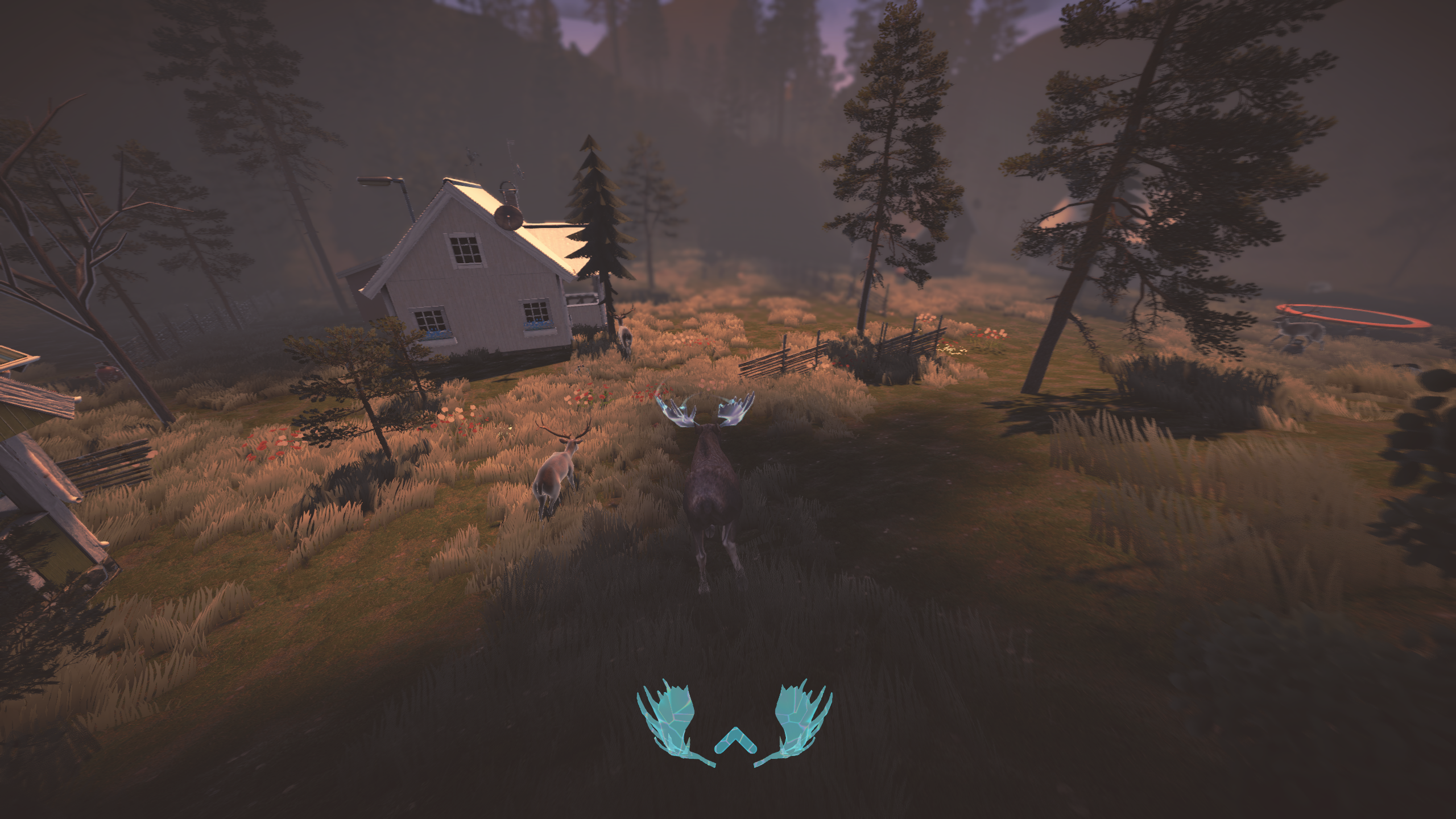 A moose at dusk beside a Nordic timber cabin