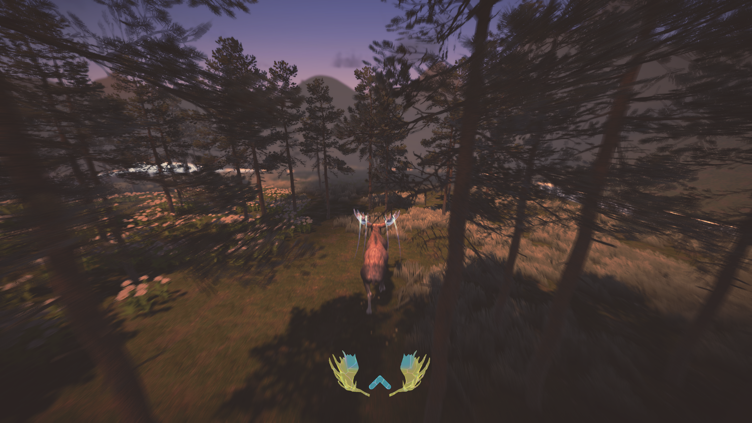 Sprinting through a pine forest at dawn