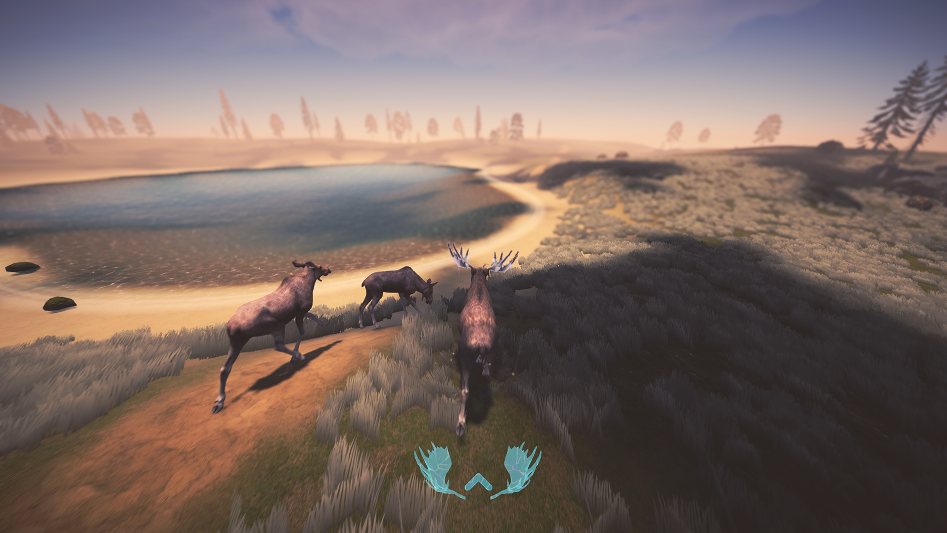 Three moose crossing a ridge above a still lake at dusk