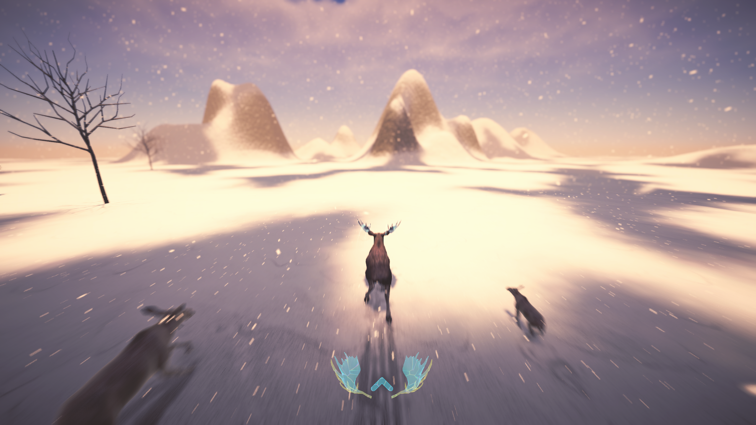 Running across an open snowfield with the herd